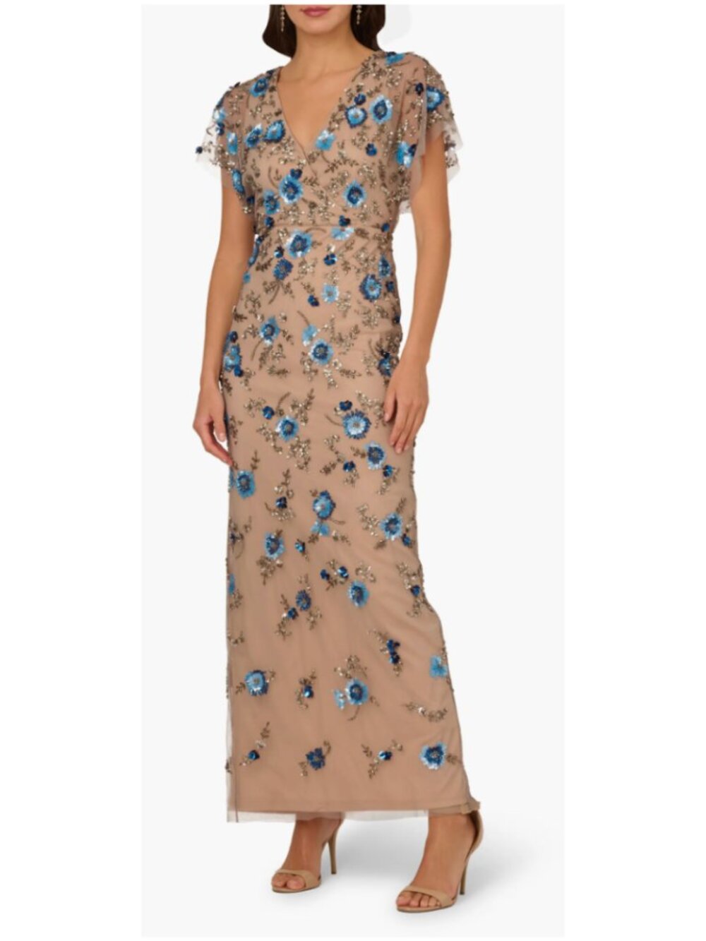 NWT Adrianna Papell Blue Floral Beaded Maxi Gown | Size 8
